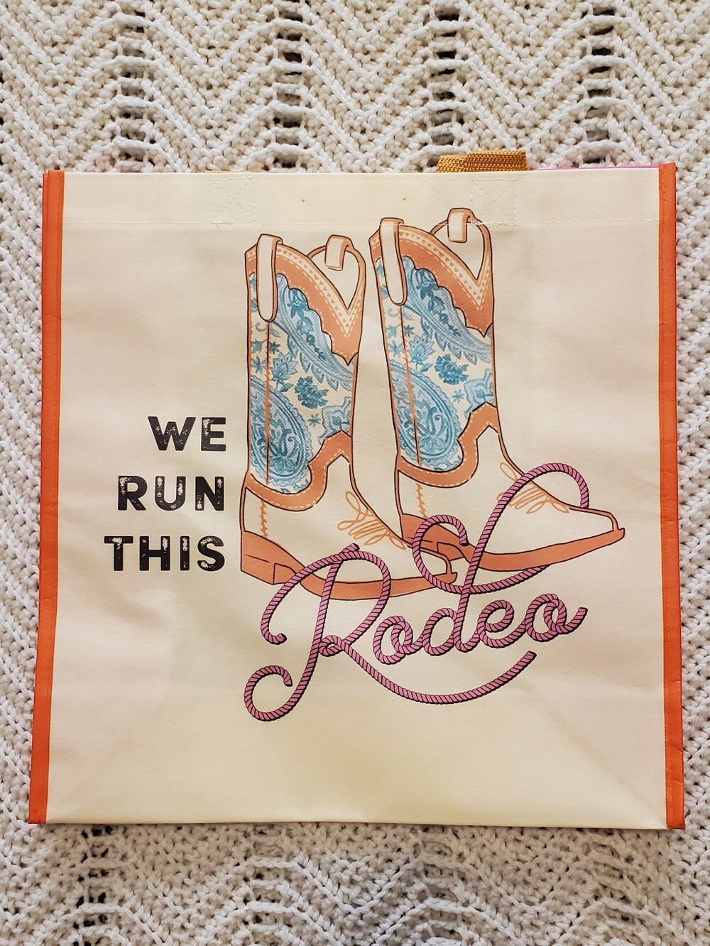 Brand New Pink And Orange WE RUN THIS RODEO reusable Cowgirl Shopping Tote Bag
